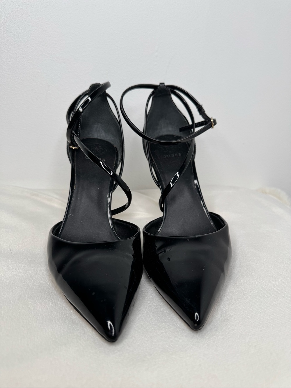 Guess Black Patent Pointed-Toe Ankle-Strap Pumps